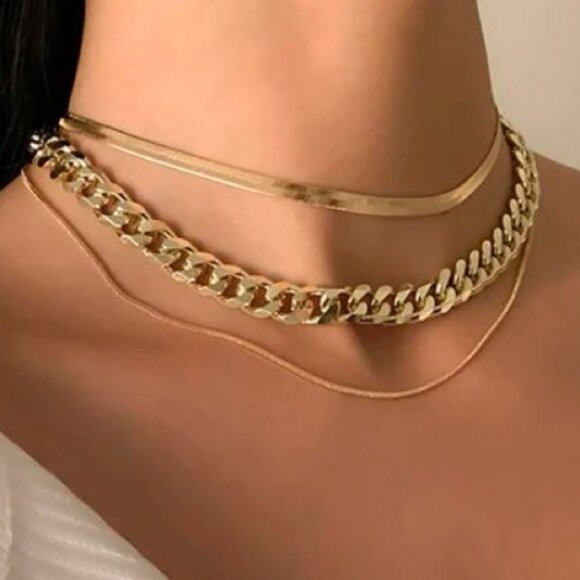 Multilayer Gold Plated Cuban Chain Link Herringbone Flat Snake Choker Necklace - Picture 2 of 6